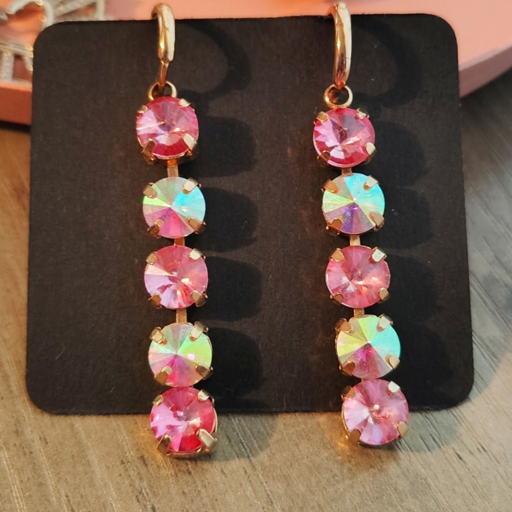 Stunning Pink & AB Crystal Drop Huggie Earrings - Picture 3 of 5